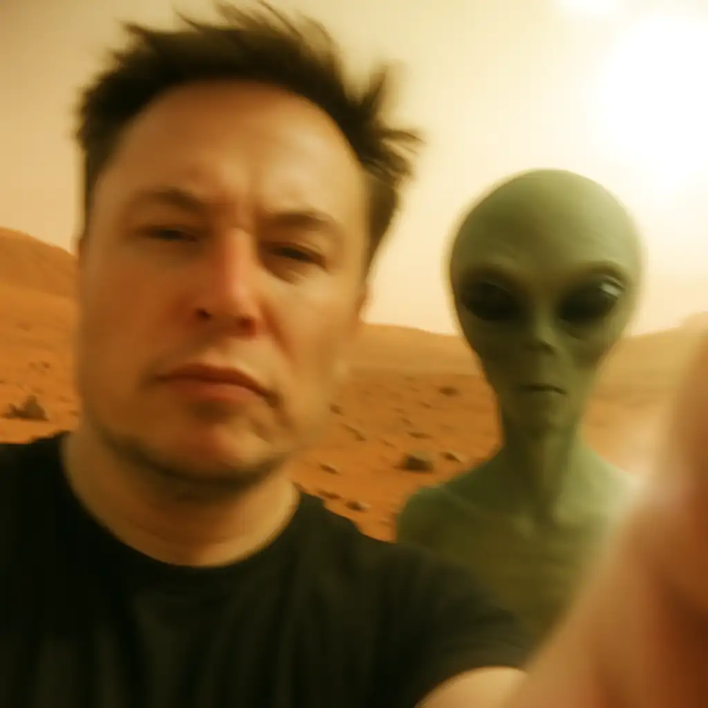 Elon Musk posing with aliens on Mars